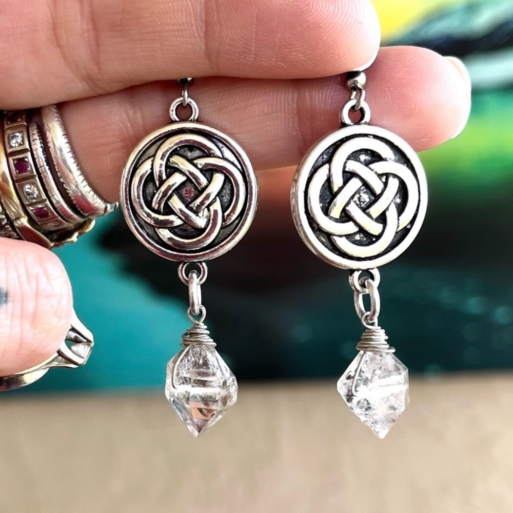 Herkimer diamonds celtic knot coin earrings stainless steel post crystals